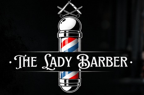 The Lady Barber barber pole and logo